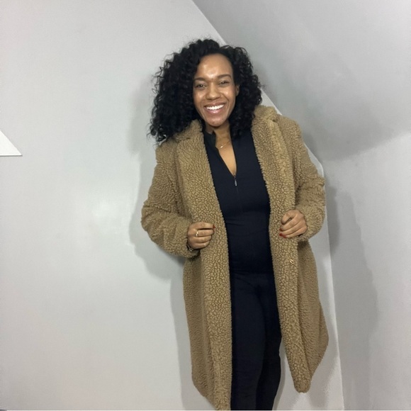 Vintage tan teddy car coat cozy sherpa style trench plush fluffy neutral jacket - Picture 6 of 15